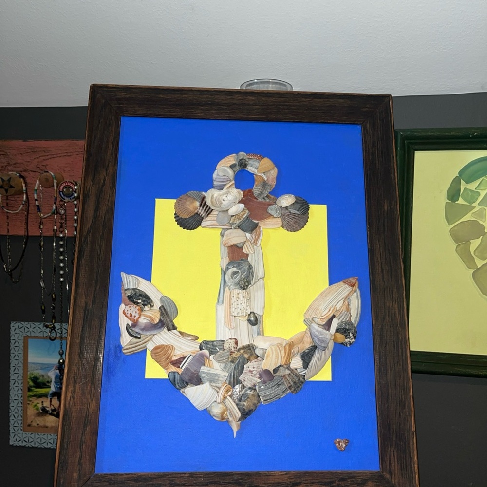 Seashell Anchor Art on Blue and Yellow 11”x14”Canvas in Vintage Wooden Frame